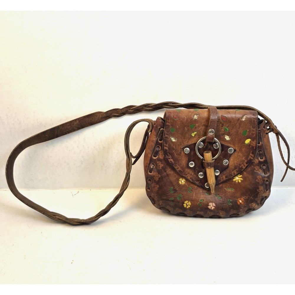 Vtg 70s Hand Tooled Leather Hippie Festival Hand-Painted Crossbody Saddle Bag